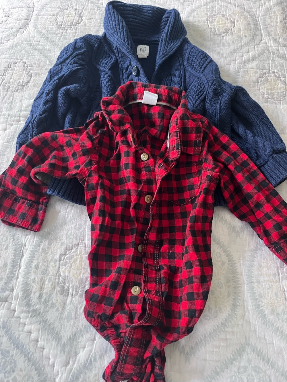 GAP Red & Black Plaid Button-Down Baby Onesie and  Navy Cable-Knit Sweater